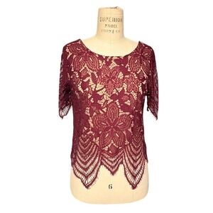 Express Burgundy Lace Top Womens Small Scalloped Hem Sheer Overlay Short Sleeve
